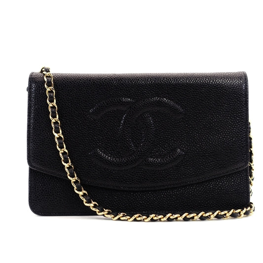 CHANNEL Caviar Skin Black Leather WOC Gold Metal Fittings
