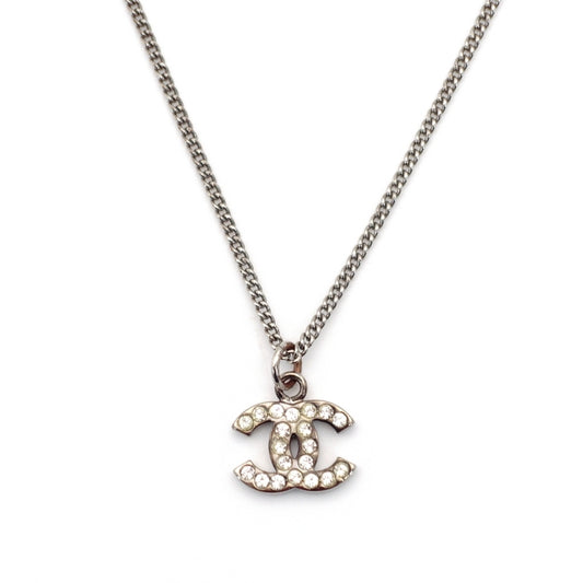 CHANEL Coco Mark Necklace CC Rhinestone Silver 7-5-079