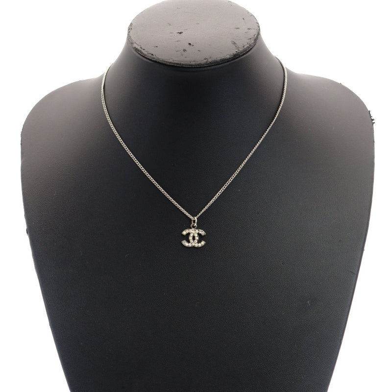 CHANEL Coco Mark Necklace CC Rhinestone Silver 7-5-079