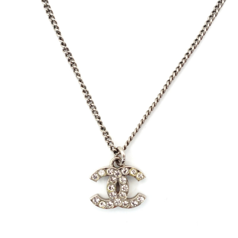 CHANEL COCO Mark Necklace CC Rhinestone Silver F13V 7-4-439