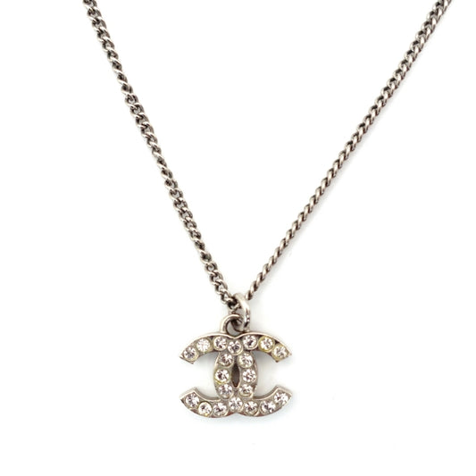 CHANEL COCO Mark Necklace CC Rhinestone Silver F13V 7-4-439