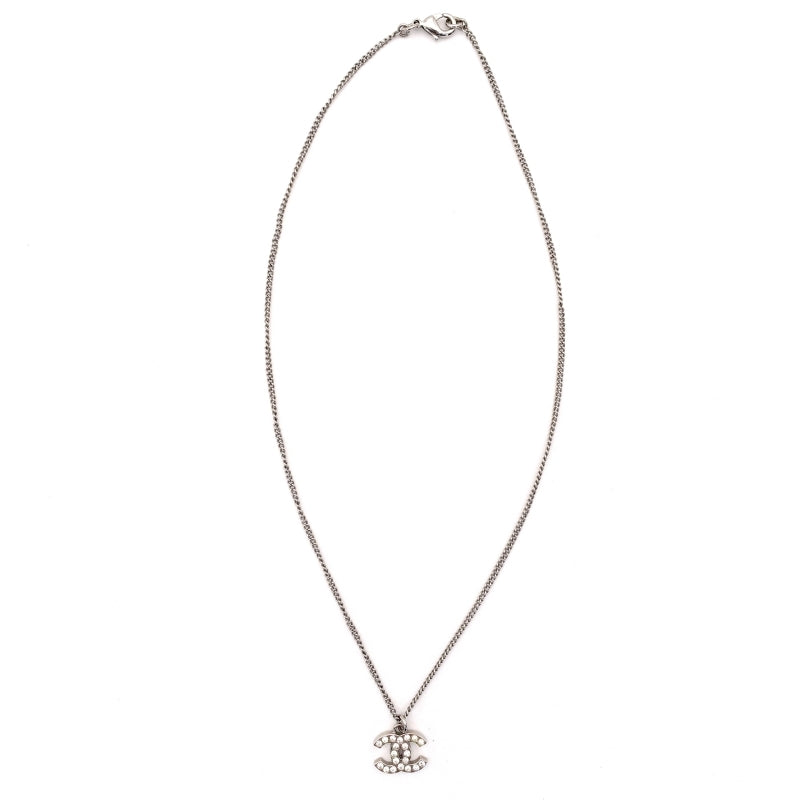 CHANEL COCO Mark Necklace CC Rhinestone Silver F13V 7-4-439