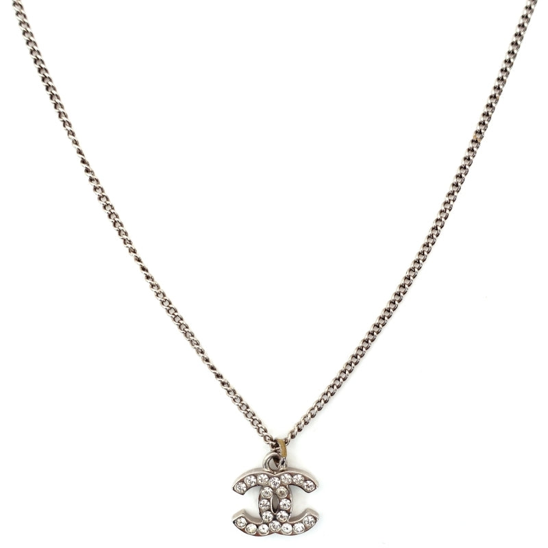 CHANEL Coco Mark Necklace CC Rhinestone Silver C12V 7-4-448