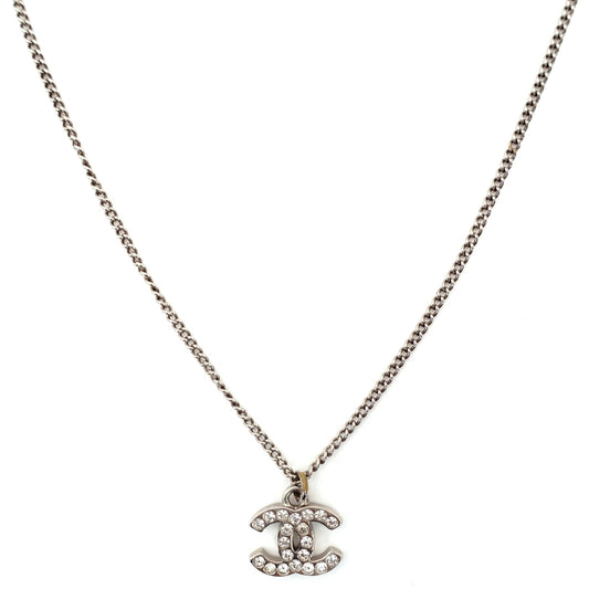 CHANEL Coco Mark Necklace CC Rhinestone Silver C12V 7-4-448