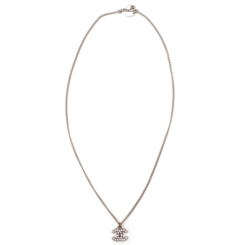 CHANEL Coco Mark Necklace CC Rhinestone Silver C12V 7-4-448