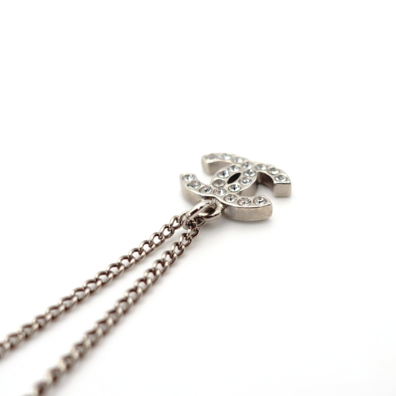 CHANEL Coco Mark Necklace CC Rhinestone Silver C12V 7-4-448