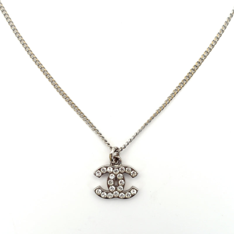 CHANEL Coco Mark Necklace CC Rhinestone Silver A80 7-4-688