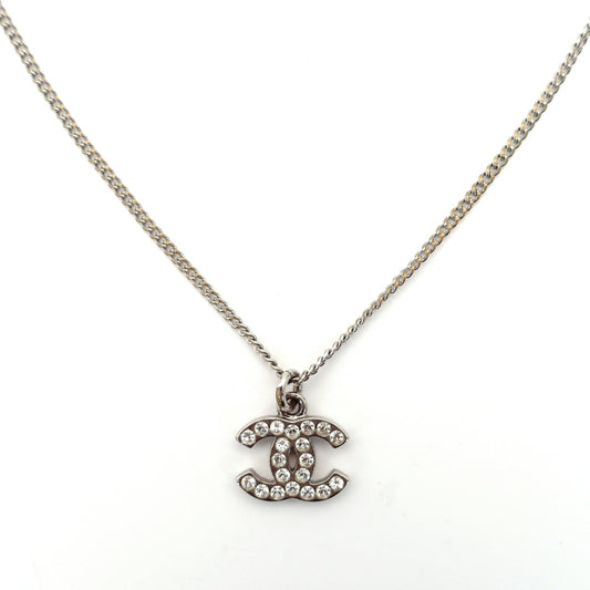 CHANEL Coco Mark Necklace CC Rhinestone Silver A80 7-4-688