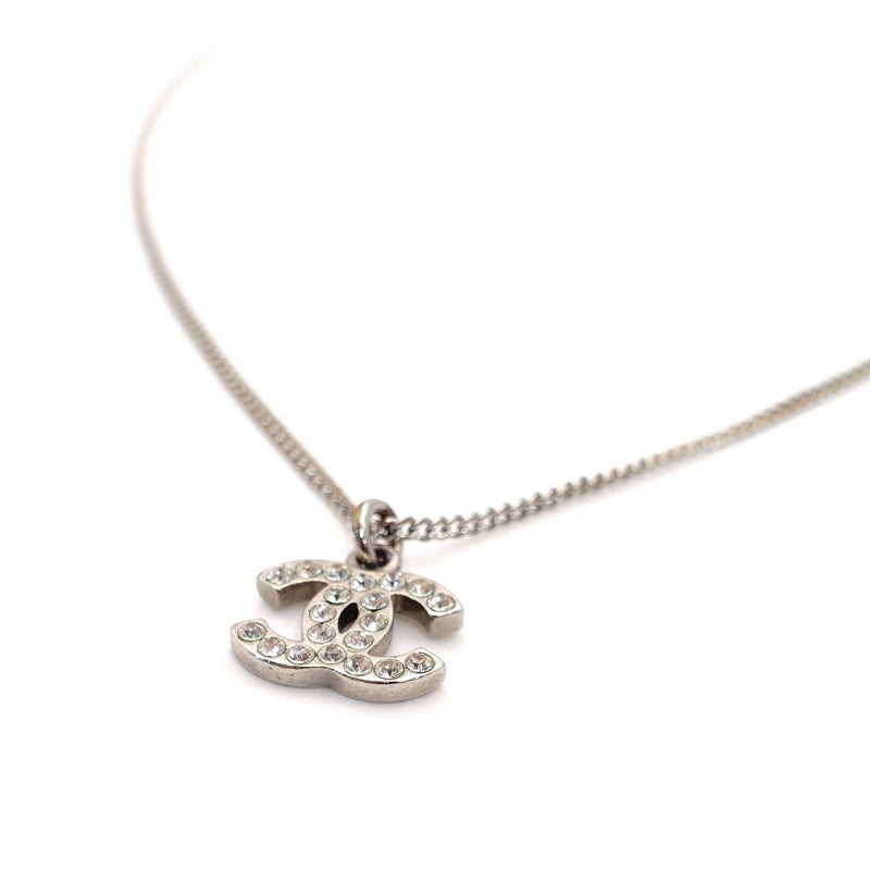 CHANEL Coco Mark Necklace CC Rhinestone Silver A80 7-4-688