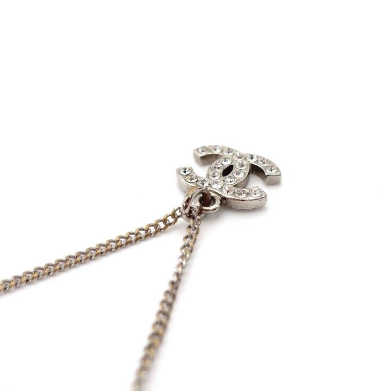 CHANEL Coco Mark Necklace CC Rhinestone Silver A80 7-4-688