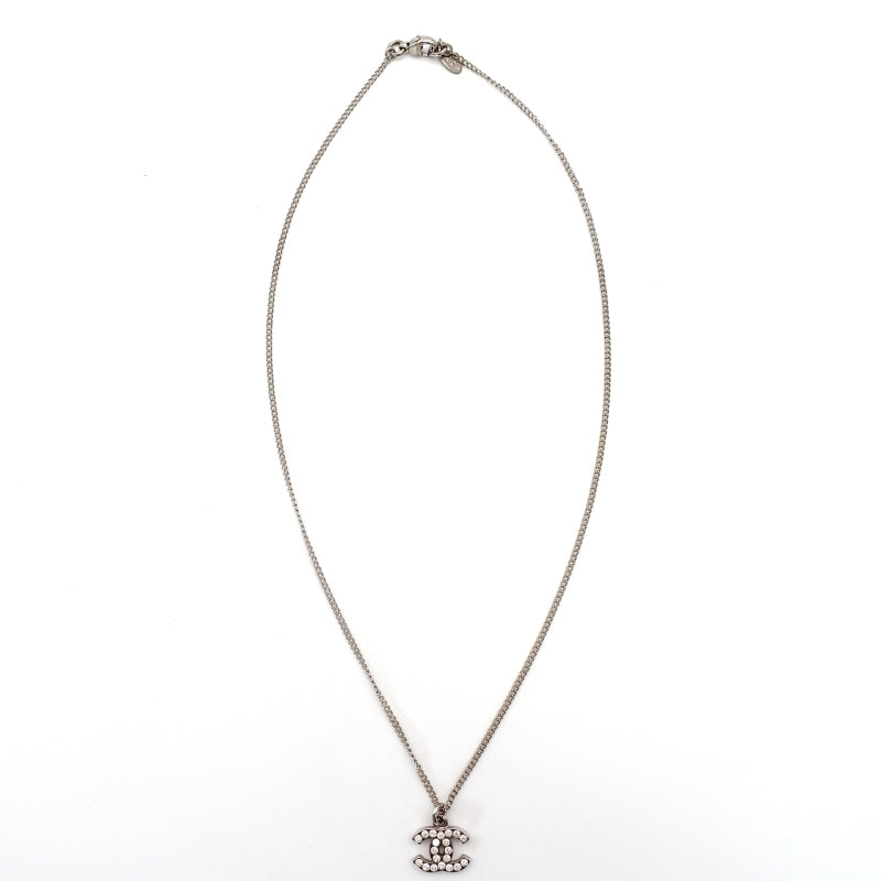 CHANEL Coco Mark Necklace CC Rhinestone Silver A80 7-4-688