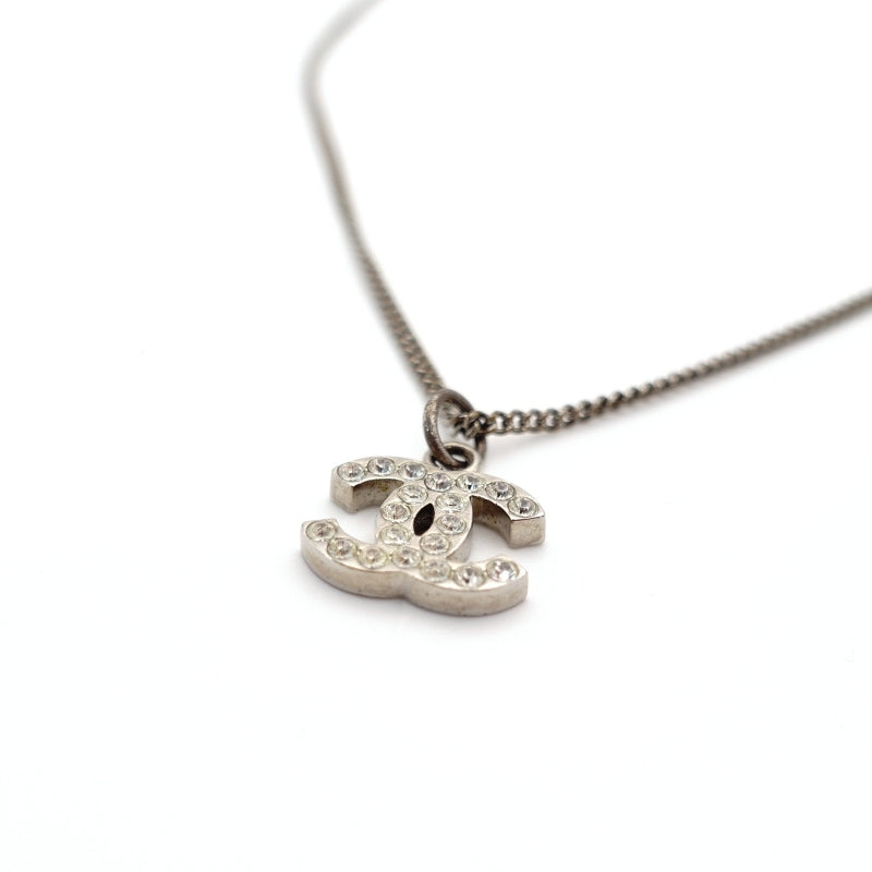 CHANEL Coco Mark Necklace CC Rhinestone Silver 7-4-690