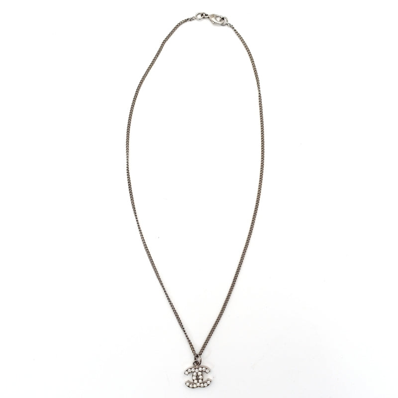 CHANEL Coco Mark Necklace CC Rhinestone Silver 7-4-690