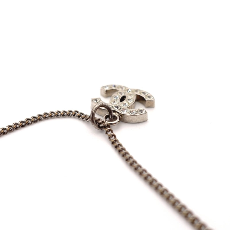 CHANEL Coco Mark Necklace CC Rhinestone Silver 7-4-690