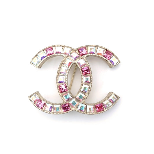 CHANEL Coco Mark Brooch Rhine stone Silver Pink 05P