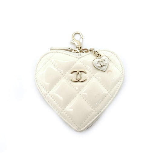 CHANEL Coco Mark Matelassé Patent Leather White Charm Coin Case