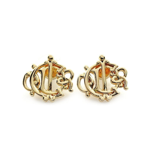 Christian Dior Emblem Earrings Vintage Gold Logo 7-6-523
