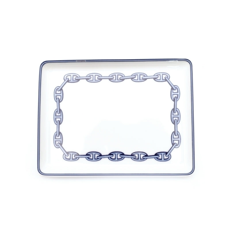 HERMES Chaine d'Ancre Square Plate White × Blue With Box 6-6-815
