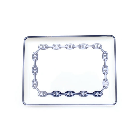 HERMES Chaine d'Ancre Square Plate White × Blue With Box 6-6-815