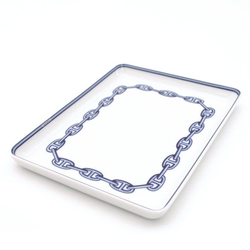 HERMES Chaine d'Ancre Square Plate White × Blue With Box 6-6-815