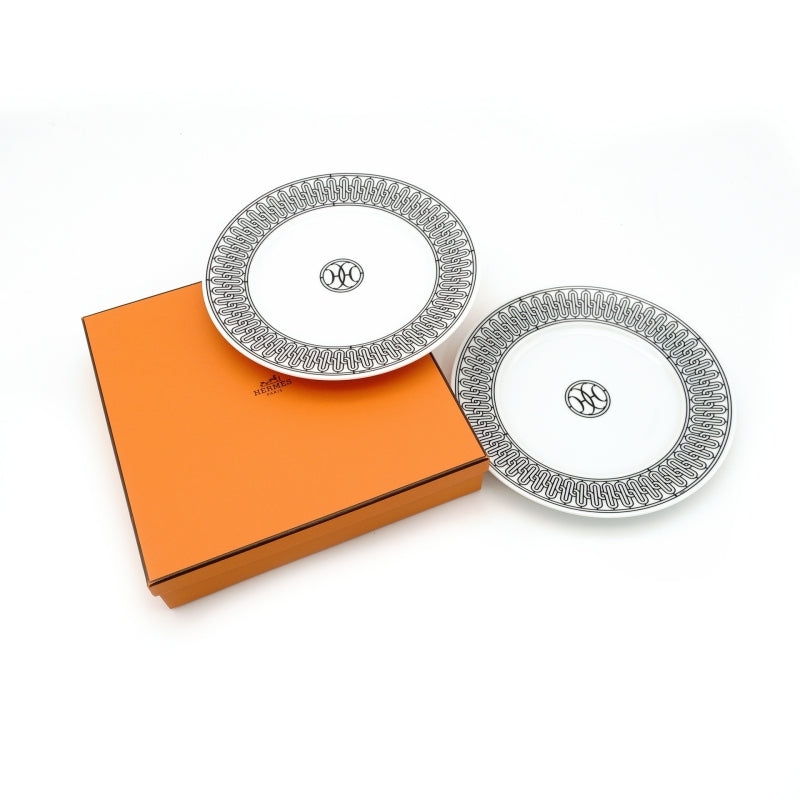 HERMES H Deco Plate Set of 2 Ash Deco Pair Plate Porcelain Diameter 22.5 cm 6-6-819