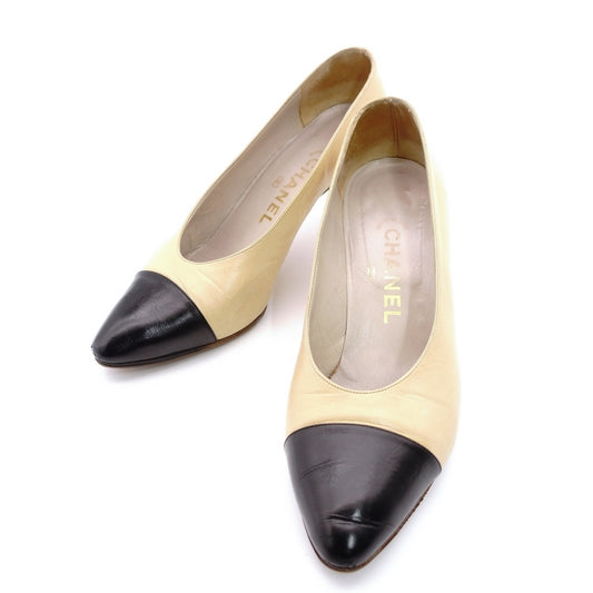 CHANEL Pumps Vintage Beige Black Leather Size 36 Approx. 9.1" 7-7-562-3