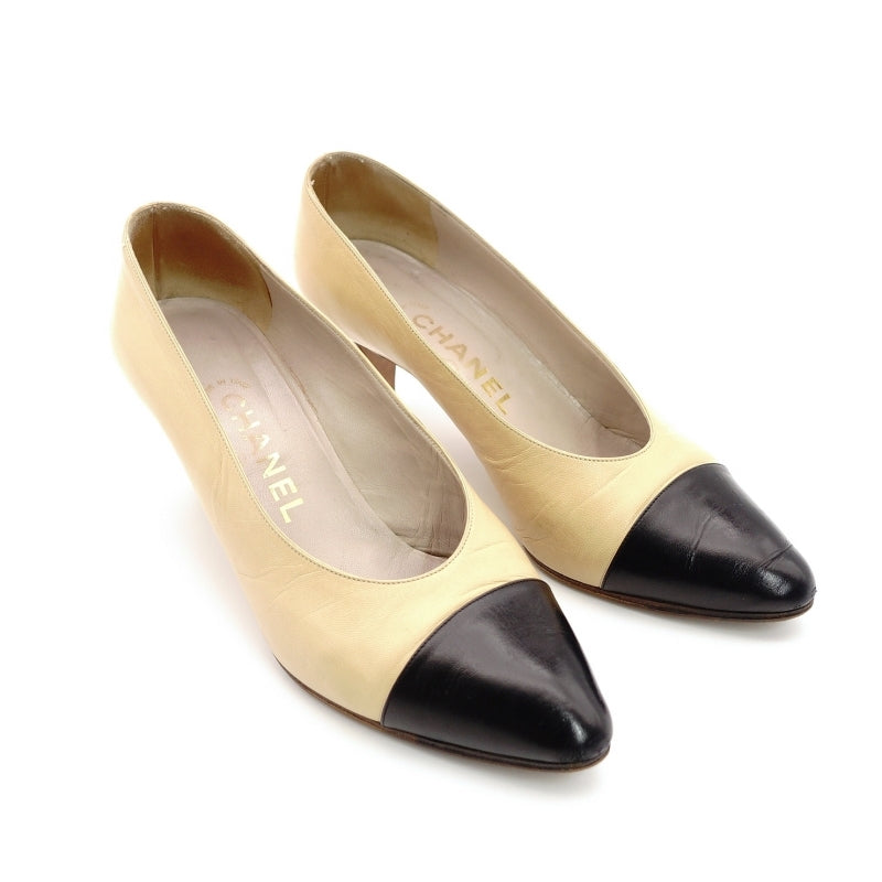 CHANEL Pumps Vintage Beige Black Leather Size 36 Approx. 9.1" 7-7-562-3