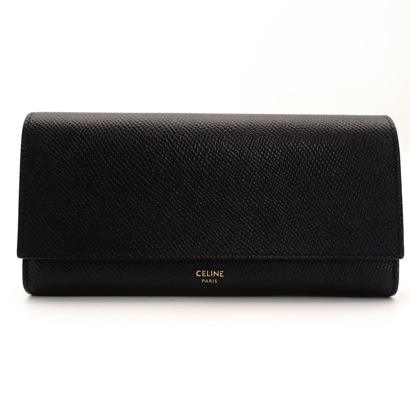 CELINE Large Flap Wallet Black Leather Black Wallet Long Wallet Logo 7-7-1103