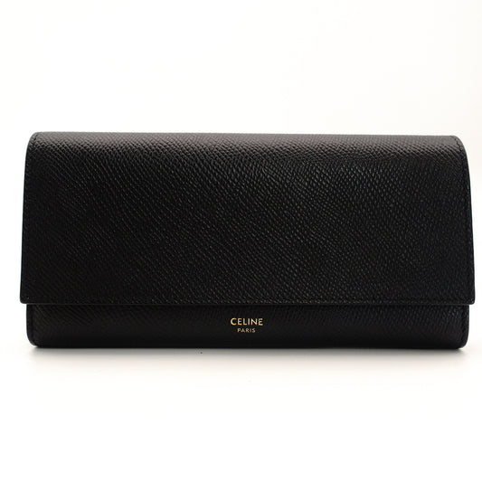 CELINE Large Flap Wallet Black Leather Black Wallet Long Wallet Logo 7-7-1103