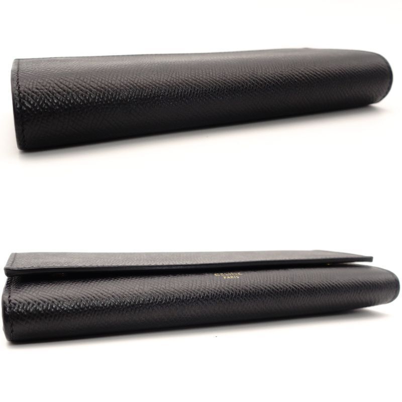 CELINE Large Flap Wallet Black Leather Black Wallet Long Wallet Logo 7-7-1103