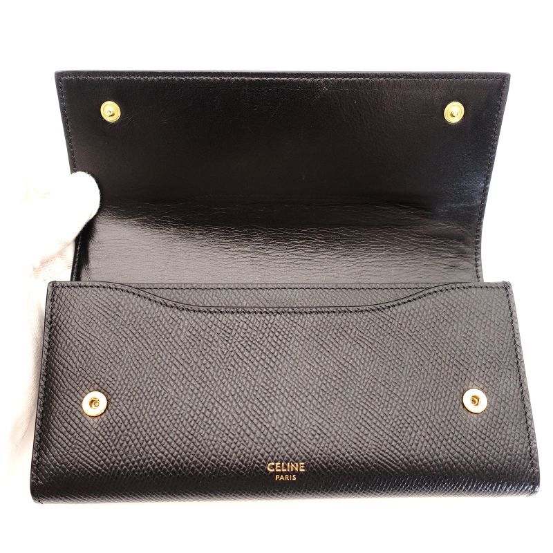 CELINE Large Flap Wallet Black Leather Black Wallet Long Wallet Logo 7-7-1103