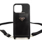PRADA iPhone 15 Pro Max Case Black Saffiano Leather with Triangle Logo Strap 7-8-051