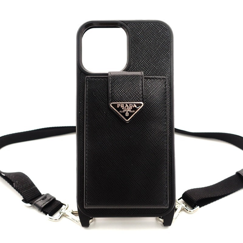 PRADA iPhone 15 Pro Max Case Black Saffiano Leather with Triangle Logo Strap 7-8-051