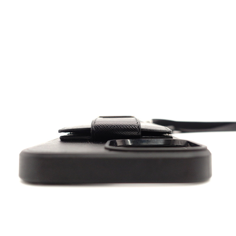 PRADA iPhone 15 Pro Max Case Black Saffiano Leather with Triangle Logo Strap 7-8-051