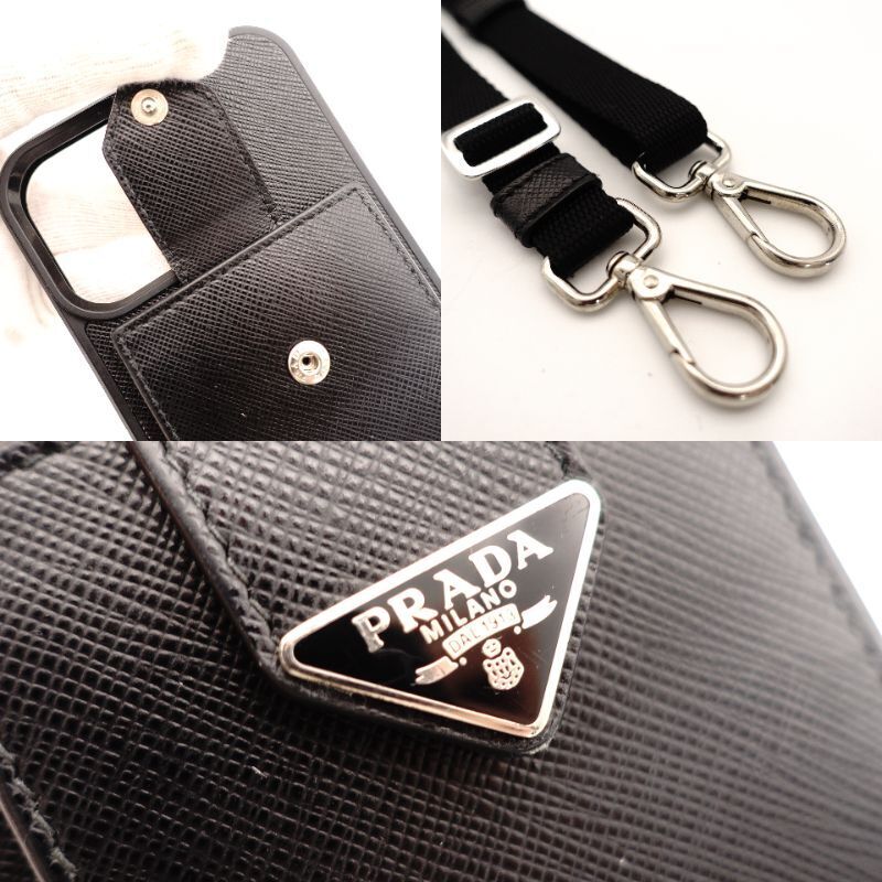PRADA iPhone 15 Pro Max Case Black Saffiano Leather with Triangle Logo Strap 7-8-051
