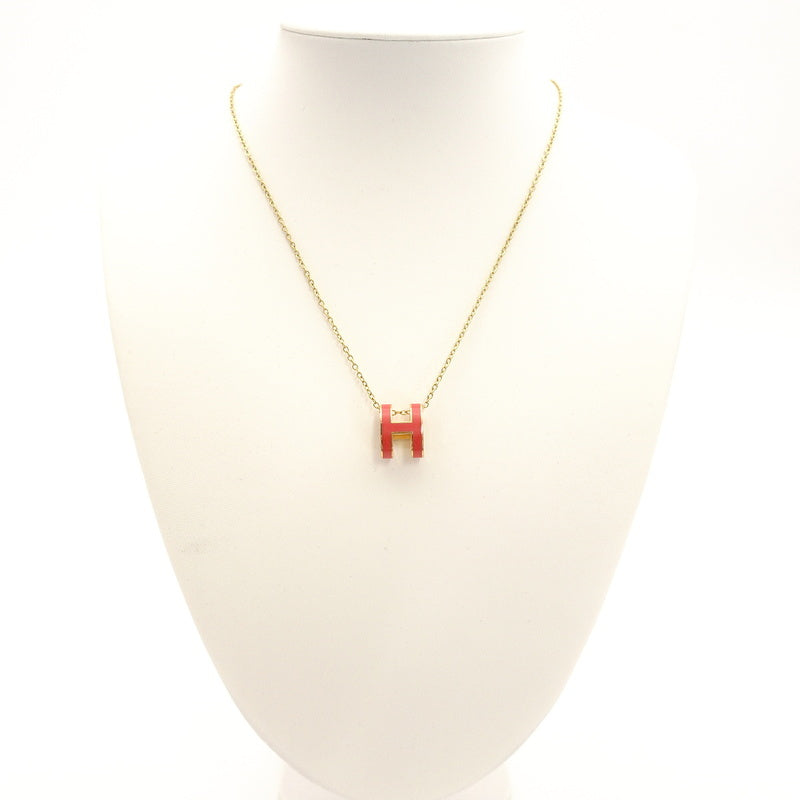 HERMES Pop Ash H Logo Necklace Orange Gold Hardware With Box 7-6-452