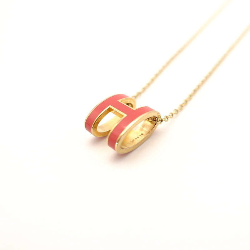 HERMES Pop Ash H Logo Necklace Orange Gold Hardware With Box 7-6-452