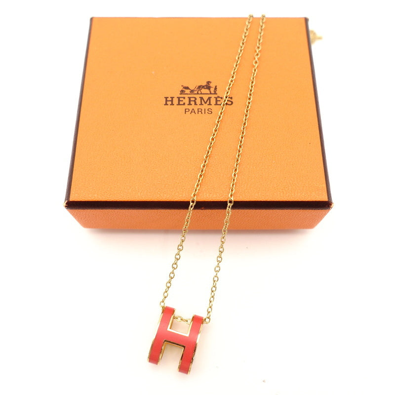 HERMES Pop Ash H Logo Necklace Orange Gold Hardware With Box 7-6-452