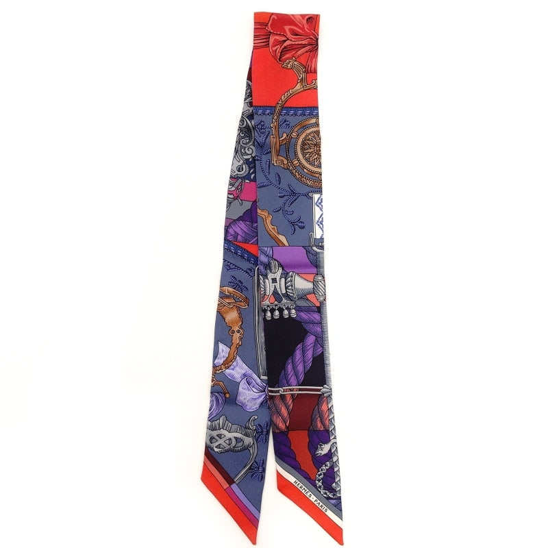 HERMES Twilly Silk Scarf 100% Silk Red × Blue 7-6-343