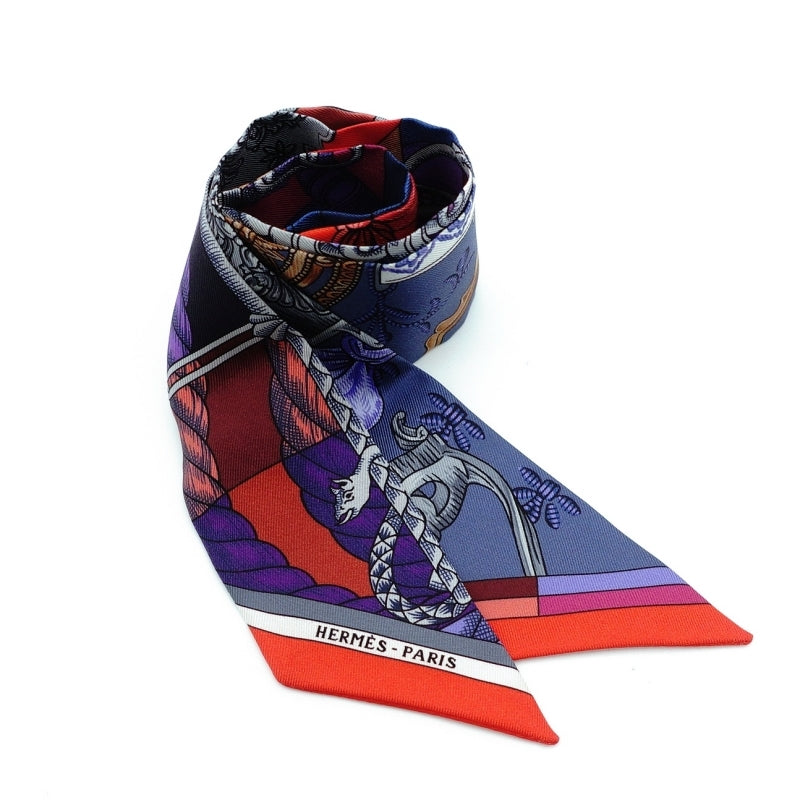 HERMES Twilly Silk Scarf 100% Silk Red × Blue 7-6-343