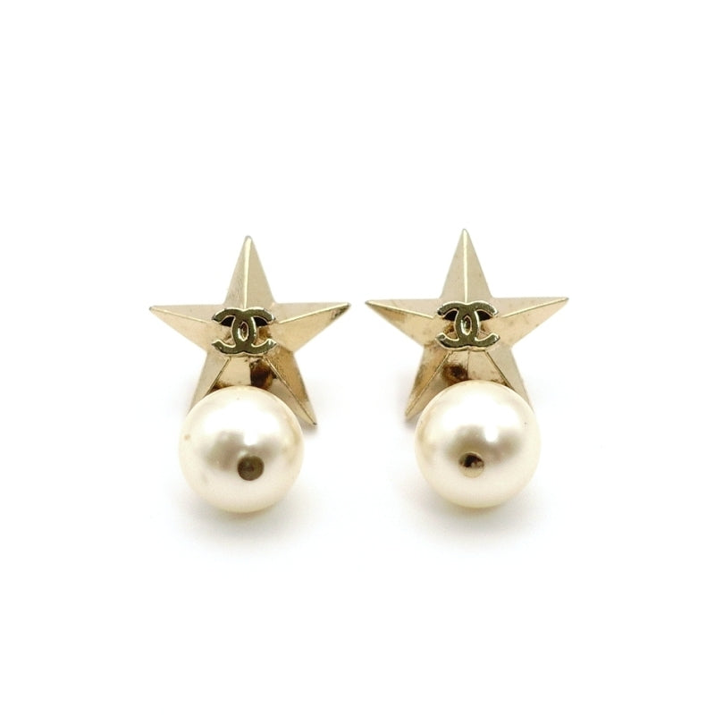 CHANEL Coco Mark Star Earrings with Faux Pearl and Gold CC Logo 7-7-901
