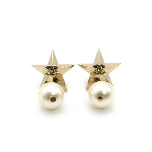 CHANEL Coco Mark Star Earrings with Faux Pearl and Gold CC Logo 7-7-901