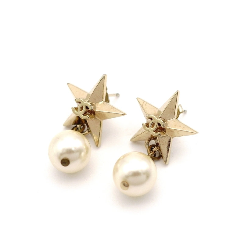 CHANEL Coco Mark Star Earrings with Faux Pearl and Gold CC Logo 7-7-901