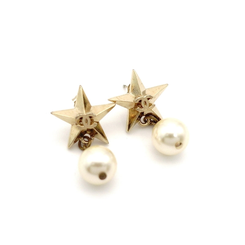 CHANEL Coco Mark Star Earrings with Faux Pearl and Gold CC Logo 7-7-901