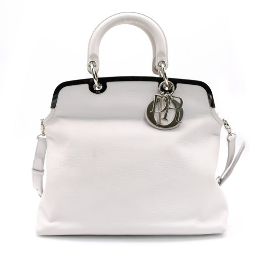 Christian Dior Granville Cannage White 2-Way Handbag White Leather 7-7-1155