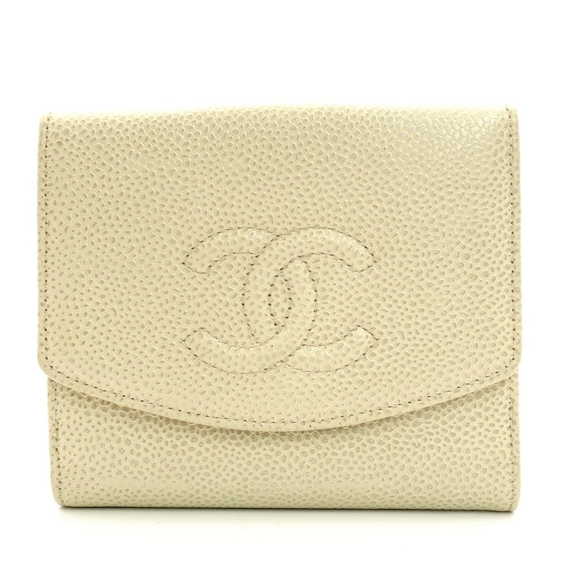 CHANEL Matelasse Caviar Leather Compact Wallet Beige Leather Bifold Wallet 7-4-752