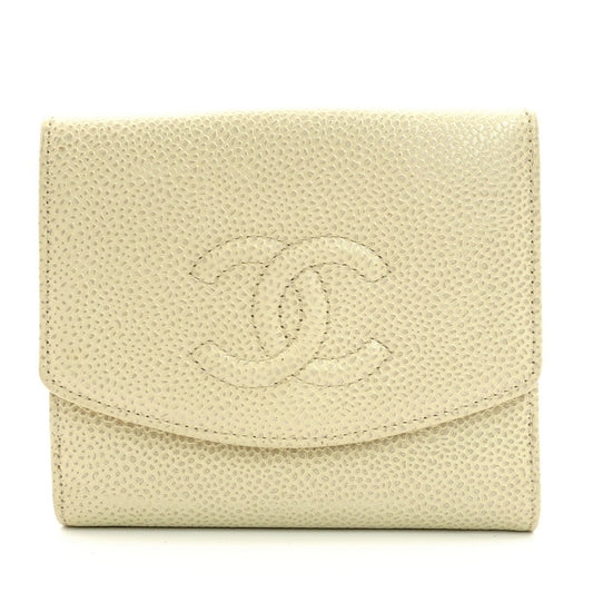 CHANEL Matelasse Caviar Leather Compact Wallet Beige Leather Bifold Wallet 7-4-752