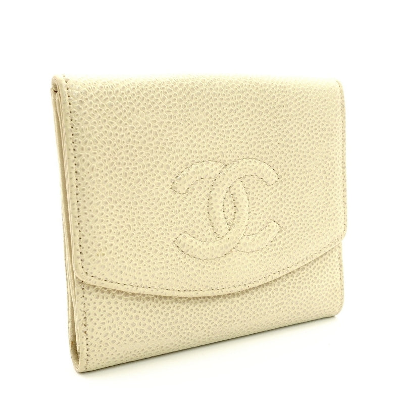 CHANEL Matelasse Caviar Leather Compact Wallet Beige Leather Bifold Wallet 7-4-752