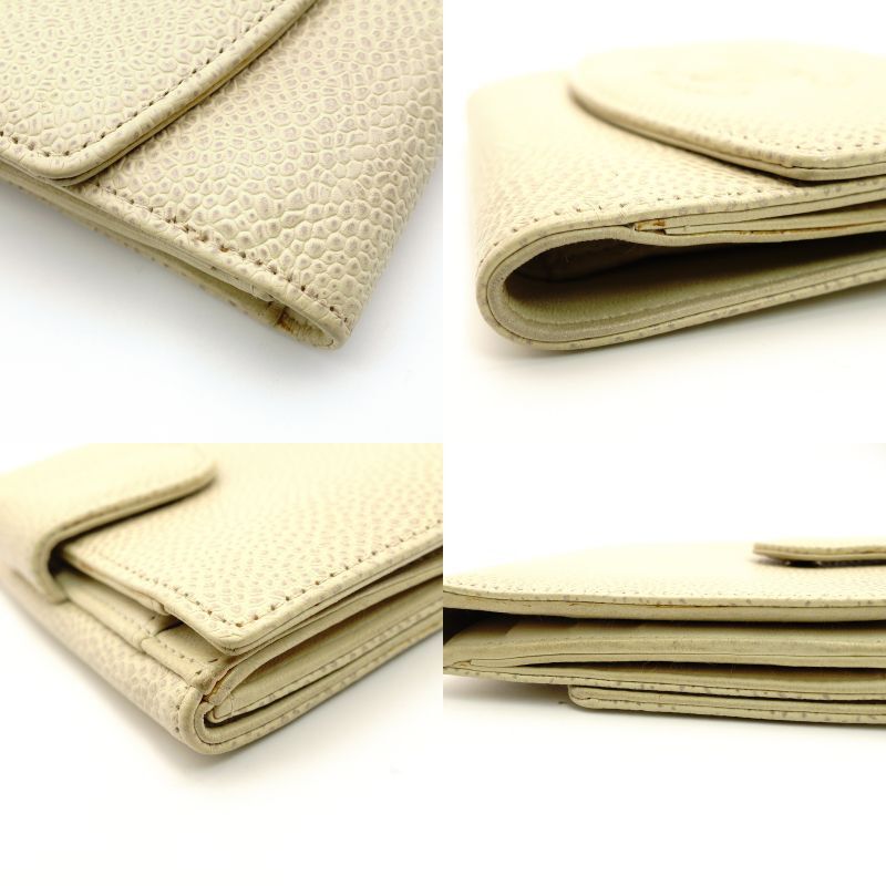 CHANEL Matelasse Caviar Leather Compact Wallet Beige Leather Bifold Wallet 7-4-752