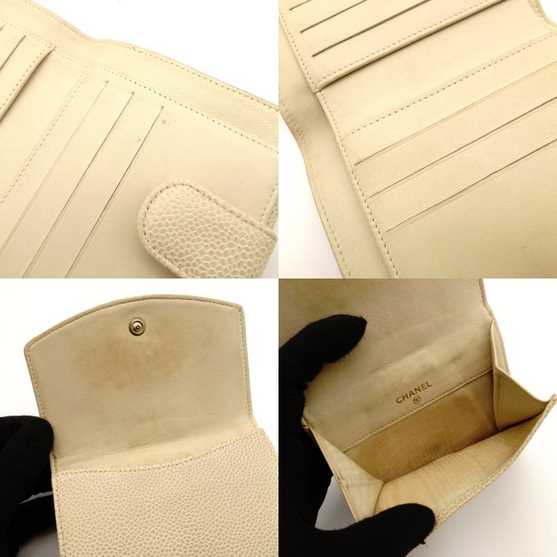 CHANEL Matelasse Caviar Leather Compact Wallet Beige Leather Bifold Wallet 7-4-752